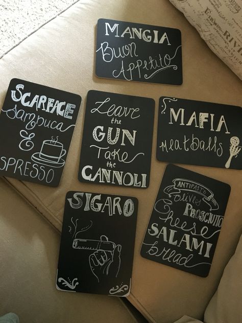 @jackiebellexo - Italian / Mafia party table signs & decor! Scarface & Godfather inspiration! Mafia Party Decorations, Mafia Theme Party, Italian Dinner Party Decorations, Gangster Wedding, Dinner Party Aesthetic, Mafia Party, Gangster Party, Prohibition Party, Italian Themed Parties