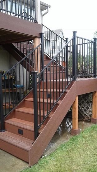 SWM Builders and Remodelers, Highlands Ranch, Custom Deck 06e | DECK 06 Deck Steps With Landing, Staircase With Landing, Second Floor Deck, Custom Stairs, Staircase Landing, Custom Railing, Deck Steps, Custom Decks, Custom Lighting