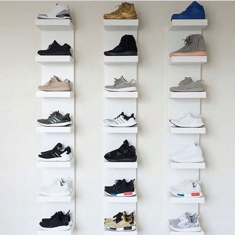 How to Organize, Display  Store Your Sneaker Collection | West Coast Self-Storage Diy Shelves Design, Bedroom Closet Shelves, Ikea Shoe Rack, Ikea Closet Hack, Sneaker Room, Lack Shelf, Ikea Lack Shelves, Ikea Regal, Sneakerhead Room