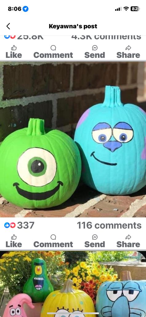 Sully Pumpkin, Halloween Pumpkin Crafts, Cute Pumpkin Carving, Mike And Sully, Pumpkin Designs, Halloween Pumpkin Designs, Painted Pumpkin, Cute Paintings, Pumpkin Crafts