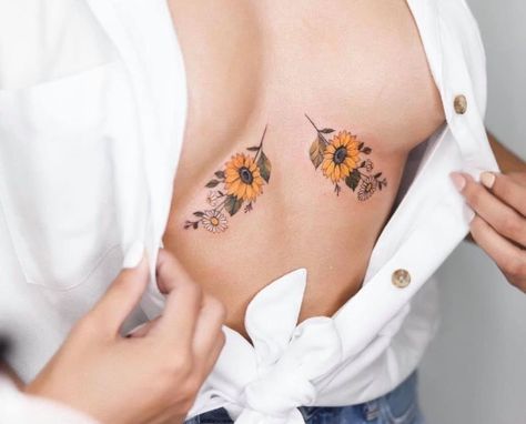 Sternum Tattoos, Underboob Tattoo Designs, Ink Therapy, Cool Wrist Tattoos, Sunflowers And Daisies, Wrist Tattoos For Guys, Cool Chest Tattoos, Chest Tattoos For Women, Sunflower Tattoos