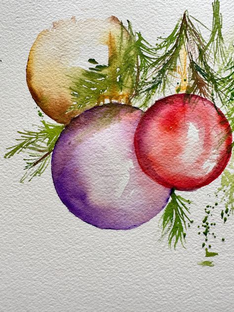 Watercolor Christmas Balls Tutorial, Watercolour Christmas Baubles, Watercolor Ornaments, Papercraft Christmas Cards, Xmas Drawing, Learn Watercolor Painting, Travel Art Journal, Christmas Artwork, Christmas Card Art