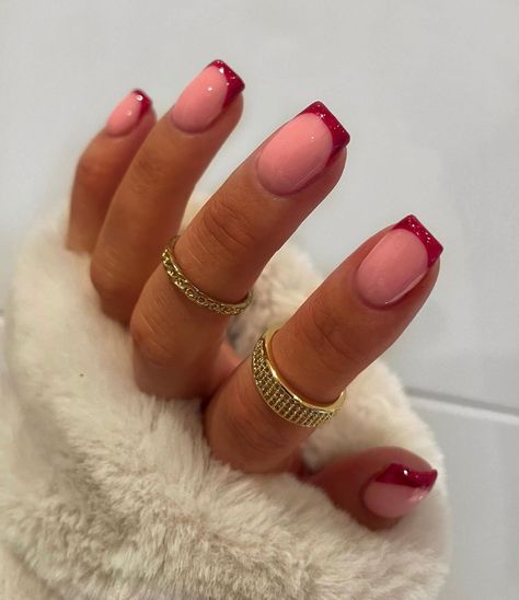 Christmas Frenchies Nails, Red Glitter French Tip Nails, Subtle Christmas Nails, Glitter French Nails, Biab Nails, Red Nails Glitter, Dark Red Nails, December Nails, Christmas Nails Easy