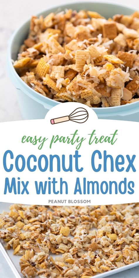 This easy coconut Chex Mix with toasted almonds is a delicious and easy no bake party treat to serve during the holidays. Bundle it up as a sweet homemade gift in a treat bag with a bow or fill a big bowl for your party table and offer individual snack cups for serving. Easy Party Treats, Chex Mix Recipes Sweet, Sweet Chex Mix, Seasoned Pretzels, Peanut Gallery, Easy Christmas Treats, Chex Mix Recipes, Family Projects, Family Tips