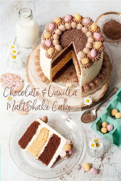 Chocolate & Vanilla Malted Milkshake Cake with Italian Buttercream - Littlesugarsnaps Booze Cakes, Malted Milkshake, Cinnabon Cake, Party Pastries, Mini Eggs Cake, Milkshake Cake, Slice Ideas, Malt Milkshake, Italian Buttercream