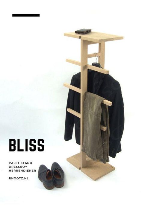 This is BLISS, Valetstand or dressboy that's make you happy. Model "BLISS" does not need much space. It is made of solid oak and easy to assemble. Available in 4 colours. Dutch Design. Do you prefer a valet stand that you can hang up and leave the floor free? Then look at RACA, a floating valet stand. https://www.etsy.com/nl/listing/966543570/floating-valet-stand-raca?ref=shop_home_active_10&pro=1&frs=1 … daha fazlası Valet Stand, Happy Model, Wood Furniture Diy, Dutch Design, Clothing Rack, You Happy, The Floor, Solid Oak, Wood Furniture