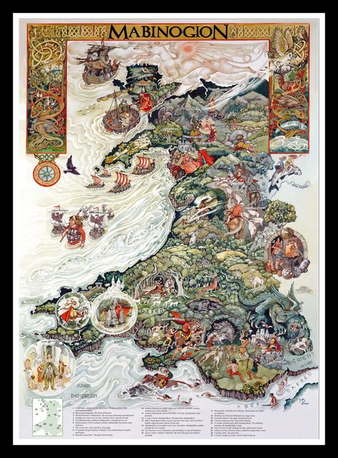 Wonderfully Illustrated Map of the Welsh book of myths and stories, THE MABINOGION Map Of Wales, Wales Map, Celtic Myth, Welsh Language, Wales Travel, Celtic Mythology, Celtic Art, Fantasy Map, Illustrated Map