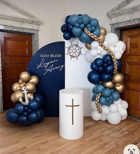 Nautical Theme Balloon Garland, Baptismal And Birthday Theme, Elegant Nautical Party Decor, 1st Birthday Baby Boy Theme, Baby Boys Birthday Themes, Boys Communion Decor, Baby Boy Christening Theme, Christianing Ideas Decor For Boy, Nautical Balloon Arch