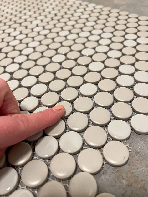 Penny Floor Bathroom, Bathroom Flor, Penny Round Tile Bathroom, Penny Tile Bathroom Floor, Penny Tile Backsplash, Tile Grout Color, Penny Tiles Bathroom, Penny Tile Floors, Concrete Basement