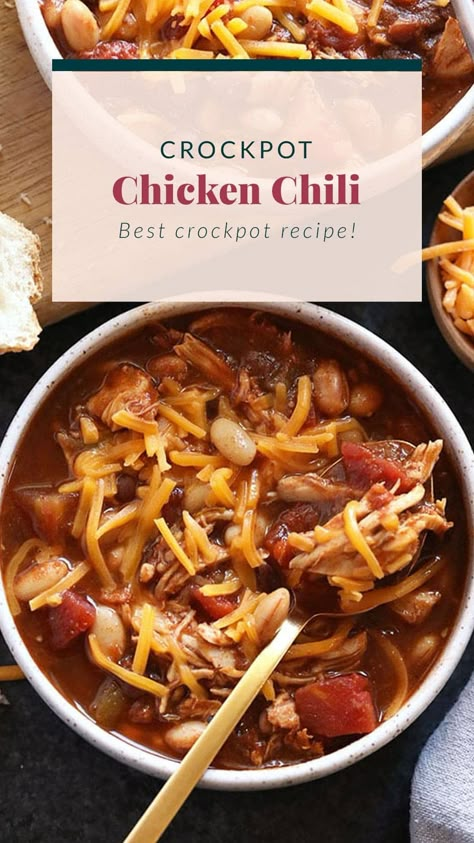 This Crockpot Chicken Chili is so easy to put together, and made completely in the slow cooker! Plus, this easy chicken chili recipe is packed with protein, fiber, and so much good flavor! Crockpot Chilli Chicken, Chili Made With Chicken, Crockpot Chicken Chilli Recipes, Crockpot Chicken Chilli, Chili Dairy Free, Easy Chicken Chili Recipe, Crockpot Entrees, Camper Meals, Slow Cooker Chicken Chili Recipe