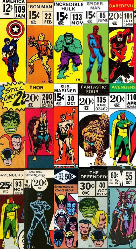 Marvel corner boxes from the Bronze-Age. That is except for the Captain America in the top left corner,which is Silver-Age. The purpose of the corner box, at the time, was because magazines would overlap on the newsstand; some way was needed to still show the character and title of the book so the buyer could find what they wanted. Comic Book Art, Comic Book Art Style, Marvel Comics Superheroes, Classic Comic Books, Bd Comics, Marvel Comic Universe, Uncanny X-men, Marvel Comic Books, Marvel Comics Art