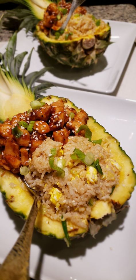 Stuffed Pineapple Bowls Chicken, Pineapple Chicken Bowl Recipe, Teriyaki Chicken Pineapple Rice Bowl, Pineapple Boats Recipes Teriyaki Chicken, Teriyaki Chicken In Pineapple Boats, Grilled Pineapple Bowl, Blackstone Grill Recipes Pineapple, Pineapple Chicken Boats, Grilled Teriyaki Chicken With Pineapple