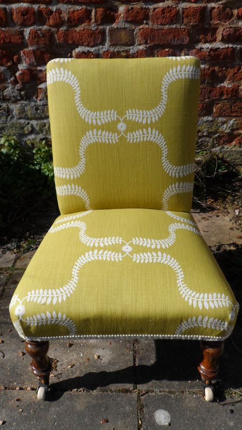 Victorian nursing chair reupholstered in up the garden path- lime. www.at-the-cartshed.co.uk Basements Ideas, Cow Print Chair, Patchwork Armchair, Kids Hanging Chair, Vanessa Arbuthnott, Upholstery Trends, Upholstery Sofa, Linen Upholstery Fabric, Hanging Chair From Ceiling