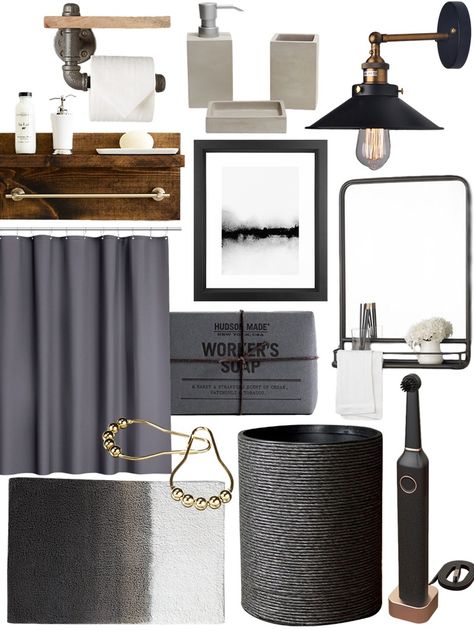 Create the Look: Warm Industrial Bathroom Shopping Guide Industrial Bathroom Decor, Industrial Bathroom Lighting, Cement Bathroom, Baños Shabby Chic, Warm Industrial, Modern Shower Curtains, Rustic Bar, Vintage Industrial Decor, Industrial Bathroom