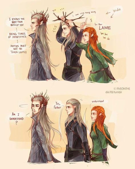 Haha!!! Legolas And Tauriel, Legolas And Thranduil, Lotr Funny, Hobbit Art, Into The West, Lotr Art, Tauriel, Film Anime, Thranduil