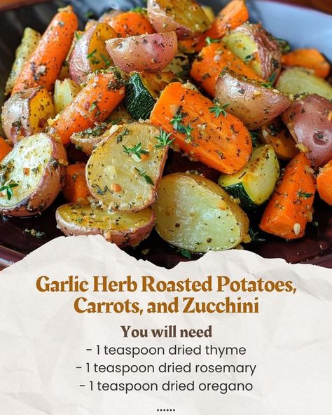 Luscious Recipes | Garlic Herb Roasted Potatoes, Carrots, and Zucchini | Facebook Garlic Herb Roasted Potatoes, Roasted Potatoes Carrots, Carrots And Zucchini, Luscious Recipes, Roasted Mediterranean Vegetables, Mediterranean Vegetables, Roasted Potatoes And Carrots, Herb Roasted Potatoes, Vegetable Medley