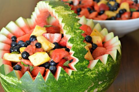 Spring fruit salad for a party served in a watermelon bowl. Easy to do and makes a great presentation. Treats For Diabetics, Watermelon Fruit Basket, Spring Fruit Salad, Fruit Basket Watermelon, Watermelon Fruit Salad, Watermelon Basket, Watermelon Bowl, Fruity Recipes, Spring Fruit