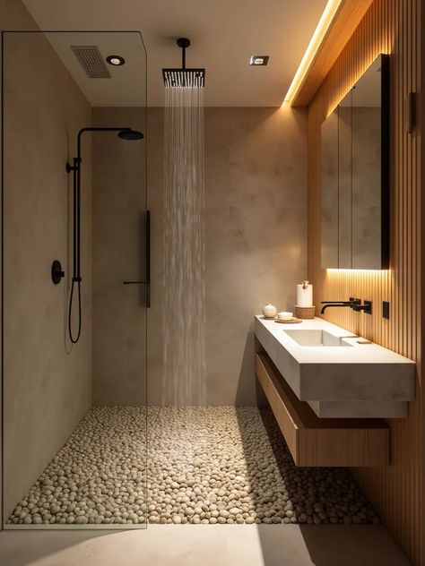 Asian Bathroom Ideas Zen Japanese Style, Bathroom With Pebble Floor, Pebble Floor Shower Ideas, Pebble Floor Shower, Modern Bathroom Shower Ideas, Midcentury Bathroom Design, Bathroom Oasis Ideas, Zen Spa Bathroom Ideas, Asian Bathroom Ideas