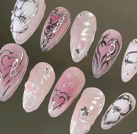 Nail Designs Y2k Grunge, K Pop Nails Inspired, Twice Themed Nails, K Nails Art Designs, Pink Kpop Nails, Korean Y2k Nails, Korean Nail Aesthetic, G Idle Nails Designs, Aespa Whiplash Nails