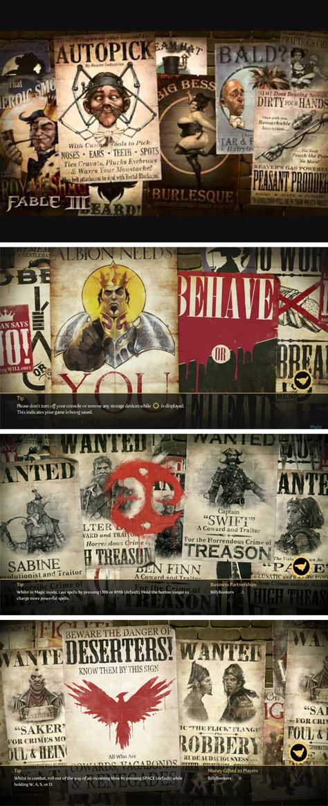 Fable 3 loading screens. I love all the fake propaganda posters made for them. They're all inspired by the industrial revolution and World Wars. Beautiful. Fable 3, Industrial Revolution, Propaganda Posters, Poster Making, Business Design