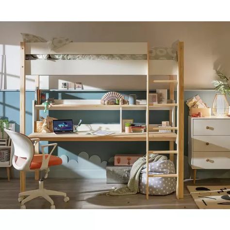 High Sleeper Desk, High Sleeper Box Room, High Sleeper And Single Bed, Teen Bunk Bed Rooms, High Bed With Desk Underneath, Bunk Bed Office, High Bed Small Room, High Sleeper Bed Ideas, Kids Bed With Desk