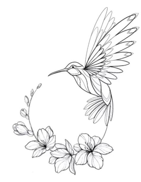 Desain Quilling, Flower Art Drawing, Hummingbird Tattoo, Flower Sketches, Pencil Art Drawings, Suzhou, Bird Drawings, Blackwork Tattoo, Blonde Bob