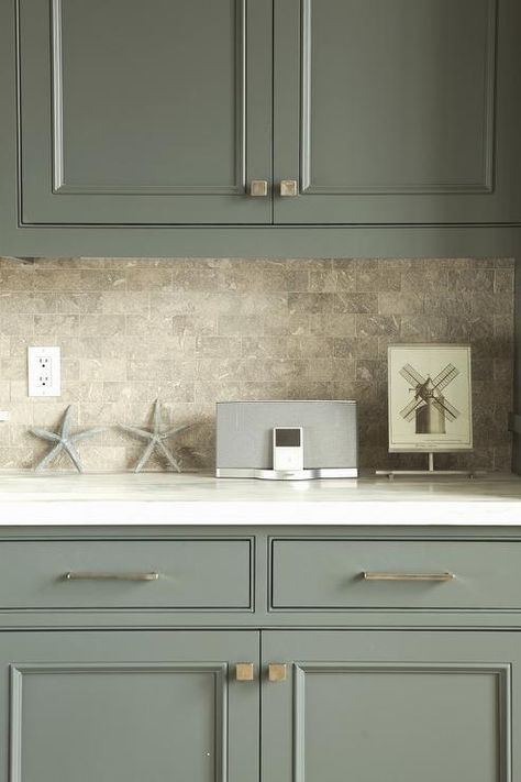 Green Cabinets with Gray brick Style Tiles - Transitional - Kitchen Green Upper Cabinets, Brick Style Wall, Brick Style Tiles, Gray Brick, Sage Green Kitchen, Chelsea Gray, Beach Kitchen, Kitchen Transitional, House Beautiful Magazine