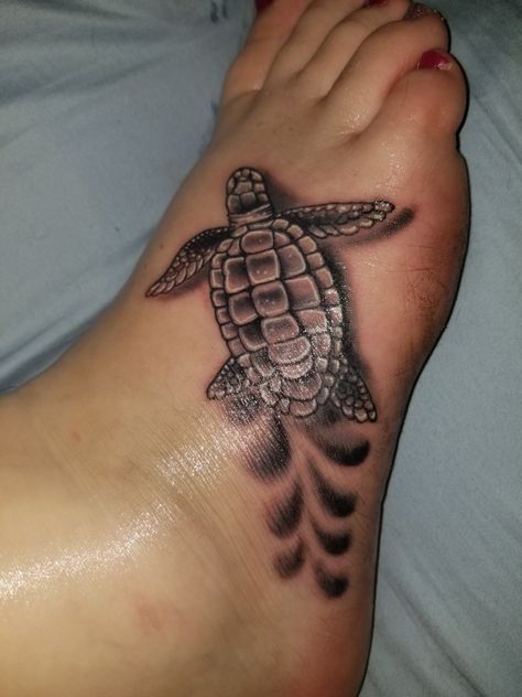 My turtle tattoo on my foot. #turtle #tattoo #foottattoo Sea Turtle Tattoo On Foot, Turtle Foot Tattoo, Tattoo On Foot, Turtle Tattoos, Sea Turtle Tattoo, Turtle Tattoo, Baby Turtles, Foot Tattoo, Cover Up Tattoos