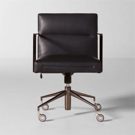 Elevate the workspace with the sleek leather office chair by NYC-based designer Nicholas Obeid. Clad in Moore andamp; Giles full-grain leather, the chair features tight cushioning paired with tailored stitching for a clean, minimalist look. Set atop four rolling casters, the swivel base glides around the office with ease. CB2 exclusive.  -Designed by Nicholas Obeid -Moore andamp; Giles full-grain leather upholstery -Iron swivel base -Four legs with casters -Adjustable seat -Leather will age and Designer Office Chair, Office Chair Aesthetic, Green Office Chair, Nicholas Obeid, Working Chair, Walnut Wood Desk, Office Chair Modern, Black Leather Office Chair, White Marble Side Table