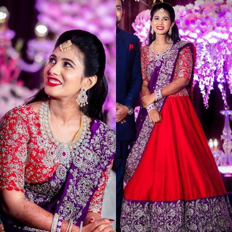 Reception Blouse Work Designs, Half Saree For Reception For Bride, Purple Lehenga For Engagement, Purple Colour Langa Voni, Violet Lehanga Combinations, Lehanga For Reception Bridal, Reception Look Bride Indian Lehenga, Reception Lehenga Bridal Indian, Purple Lehenga With Dupatta For Reception