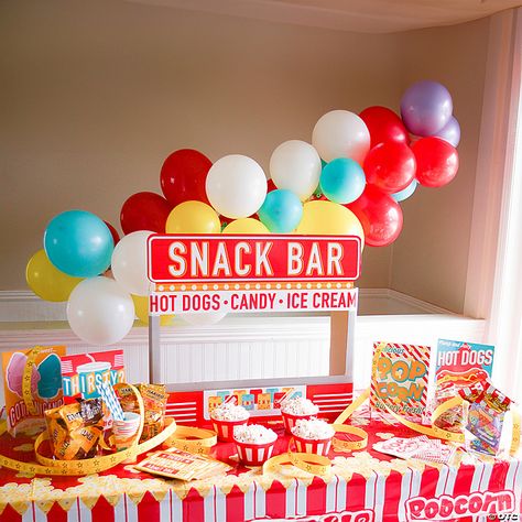 Movie Party Snack Bar Tabletop Stand | Oriental Trading Movie Party Snacks, Concessions Sign, Party Snack Bar, Movie Theatre Birthday Party, Popcorn Fundraiser, Movie Party Decorations, Movie Theater Party, Birthday Movie Night, Movie Night Birthday Party