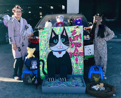 Black Cat Trunk Or Treat Ideas, Cat Lady Trunk Or Treat, Cat Trunk Or Treat Ideas For Cars, Crazy Cat Lady Trunk Or Treat, Trunk Or Treat Cat Theme, Cat Trunk Or Treat, Trunk Or Treat Truck, Halloween Doors, Animal Rescue Ideas