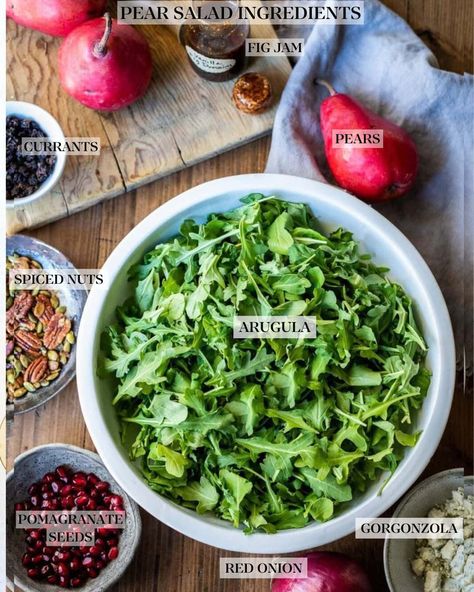 Fall Pear Salad with Vanilla Fig Dressing | Feasting At Home Pear And Fig Salad, Pear Arugula Salad, Pear Gorgonzola Salad, Salad With Pears, Fig Dressing, Gorgonzola Salad, Pear Salad Recipes, Feasting At Home, Ripe Pears