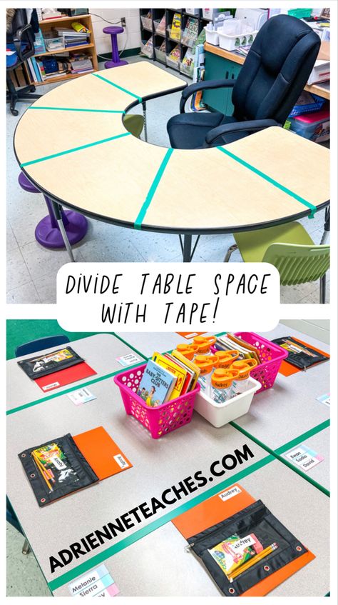 Small group table divided into sections using tape Diy Desk Dividers Classroom, Small Group Table Organization, Table Organization Classroom, Student Table Organization, Classroom Table Organization, Small Group Organization, Small Group Table, Classroom Structure, 2024 Classroom