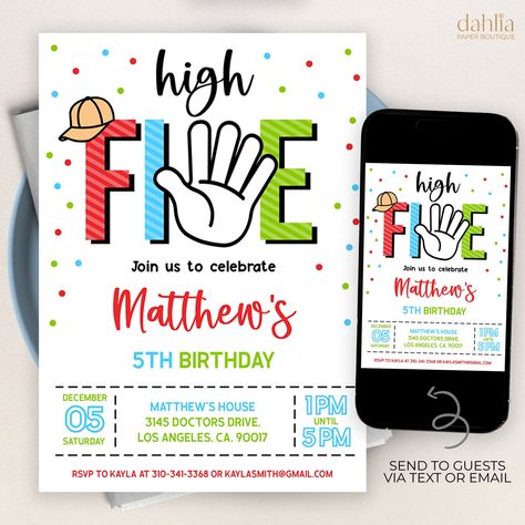 "High Five Birthday Invitation, Editable Hi Five Invite Template, Boys 5th Birthday Printable, High Five Party, Hi 5, Instant Download, KP131 This beautiful invite template is the perfect way to invite your guests to your party! Personalize the template through CORJL, an easy to use template editor that works in your web browser, and print it through your home printer or your local printing shop! ⭐ DEMO - try before you buy ➥ Try it right now! Just copy and paste this demo link into your web bro Boys 5th Birthday, Camping Party Invitations, Smores Party, Hi Five, Camping Birthday Party, Monthly Baby Photos, Monthly Baby, Fiesta Birthday, Invite Template