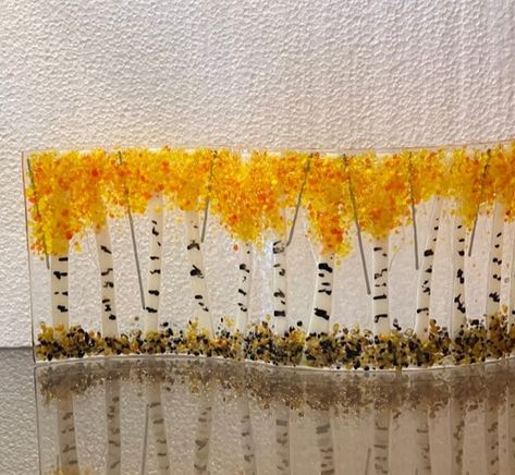 Forest In Fall, Trees In Autumn, Birch Forest, Aspen Trees, Birch Trees, Glass Shelf, Fused Glass Art, Birch Tree, Glass Art Sculpture