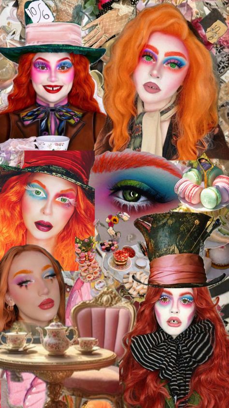 Redhead Halloween 2024 Mad Hatter Makeup, Alice in Wonderland inspired costume, genderbent Redhead Halloween, Hatter Makeup, Mad Hatter Makeup, Alice In Wonderland Makeup, Wonderland Makeup, Classic Halloween Costumes, Mad Hatter, Costume Party, Halloween Makeup