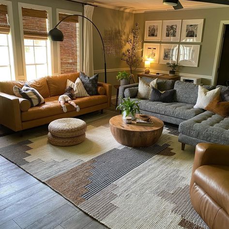 Grey And Brown Couches Together, Gray Sofa Living Room Ideas Bohemian, Earthy Mountain Living Room, Earthy Living Room Blue Couch, Medium Brown Leather Couch Living Room, Grey Eclectic Living Room, Boho Living Room Sectional, Gray And Leather Living Room, Cognac And Grey Living Room