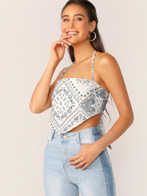 Halter Neck Bandana Print Crop Top | SHEIN Satin Top Outfit, Scarf Top Outfit, Neck Bandana, Bandana Top, Fancy Tops, Look Retro, Top Shein, Tumblr Outfits, Scarf Top