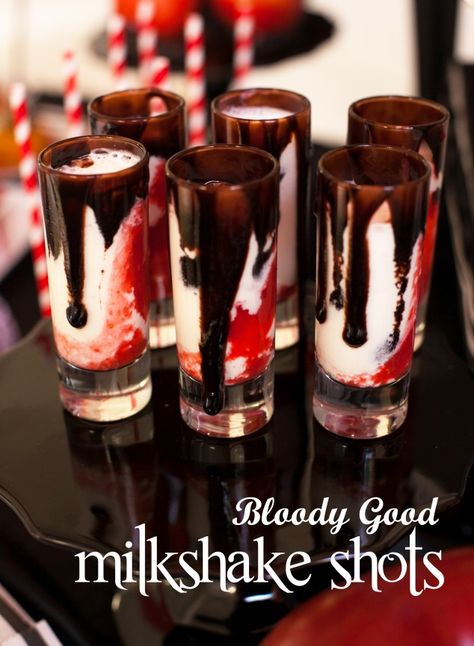 bloody good vampire milkshake shots... for your halloween party, a drink that will delight even the most brooding vampire! Witches Brunch, Boochelorette Party, Good Vampire, Cat Bachelorette, Classy Halloween Party, Alcoholic Milkshake, Birthday Witch, Halloween Beach, Halloween Bachelorette Party