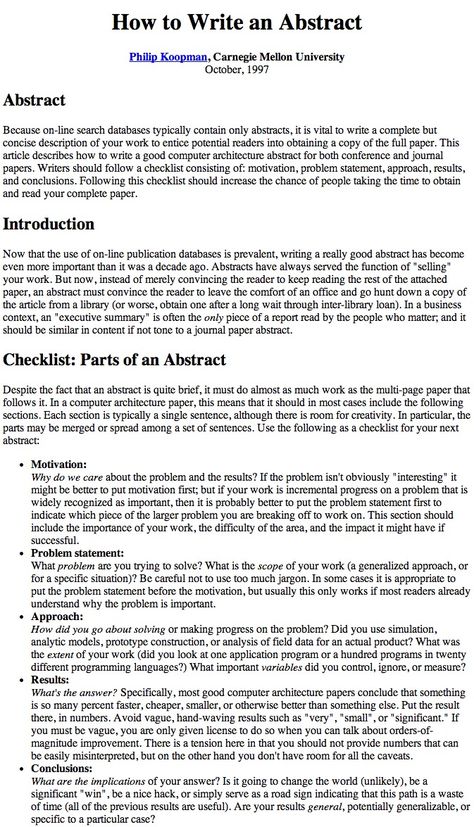 How to Write an Abstract by Philip Koopman, Carnegie Mellon University Writing Fanfiction, Abstract Writing, Scientific Writing, College Admission Essay, Best Essay Writing Service, School Essay, Thesis Writing, Essay Writing Skills, Admissions Essay