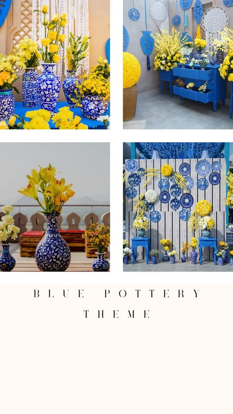 bluepotterytheme Haldi Decor Ideas, Haldi Decoration Ideas, Jaipur Wedding, Floral Themed Wedding, Haldi Decor, Greek Decor, Starry Night Wedding, Wedding Lounge, Pool Party Decorations