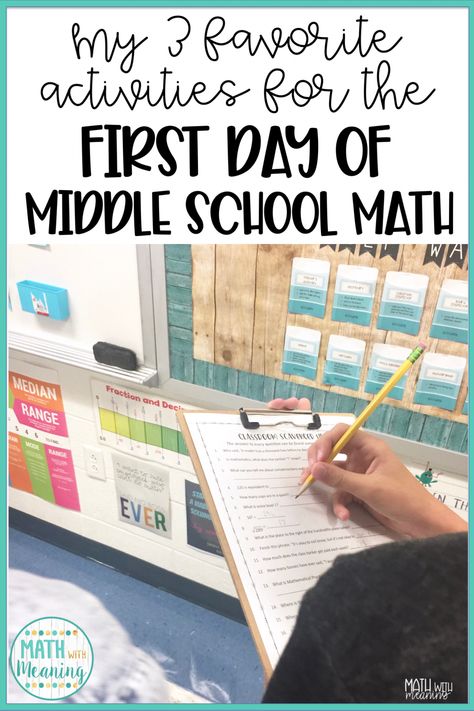 My 3 Favorite Activities For the First Day of Math Class » Math With Meaning Classroom Middle School, First Day Of Middle School, Activities Middle School, Planning School, Maths Activities Middle School, Math Classroom Decorations, Middle School Math Teacher, Middle School Activities, Sixth Grade Math