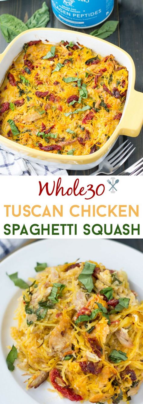 Paleo & Whole30 compliant made with only 6 ingredients! With an extra boost of protein and amino acids with Vital Proteins collagen #sponsored Tuscan Chicken Spaghetti Squash, Tuscan Chicken Spaghetti, Egg Benedict, Whole 30 Diet, Healthy Weeknight Dinners, Resep Diet, Chicken Spaghetti Squash, Vital Proteins, Tuscan Chicken