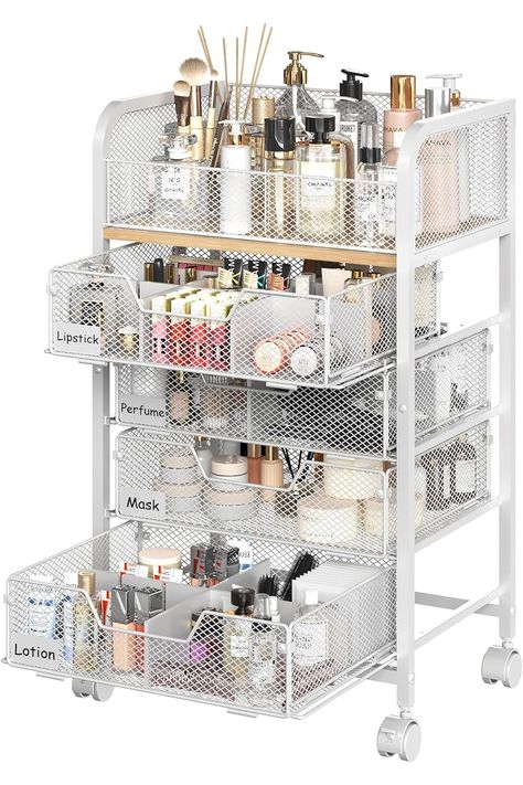 Rolling Makeup Cart Organizer with 4 Drawers, Floor Skincare Organizers with Wheels Nameplates, Cosmetics Display Cases, Multi-Functional Storage Cabinet for Perfume Nail Polish, White Nail Cart Organizer Ideas, Makeup Cart, Skincare Organization, Cosmetic Display, Womens Nails, Functional Storage, Display Case, Name Plate, Storage Cabinet