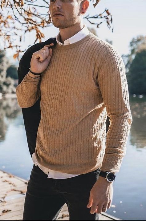 Casual outfits for men | #menssweater #sweater #knittedsweaters #mensclothing Tan Sweater Mens Outfit, Fall Photoshoot Men Outfits, Men Brown Sweater Outfit, Sweater And Dress Shirt Men, Mens Tan Sweater Outfit, Mens Fashion Going Out, Brown Pullover Outfit Men, Beige Knit Sweater Outfit Men, Sweater Collared Shirt Outfit Men