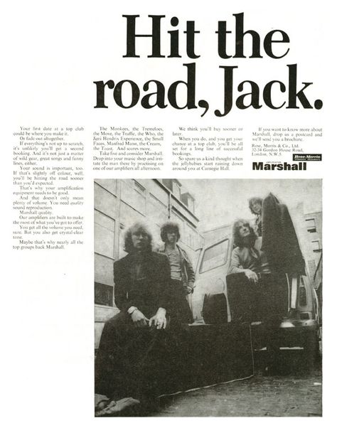 Marshall advertisement (1969) Hit the Road, Jack Posters In Room, Marshall Amplifier, Hit The Road Jack, Mystery Writing, Cool Prints, Identity Crisis, Wall Piece, All About Music, The Monkees