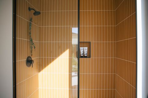 Walk-In Shower with Mustard Yellow Glass Tile - Scandinavian - Bathroom - Other - by Fireclay Tile | Houzz Dormer Bathroom, Glass Tile Shower, Glass Tile Bathroom, Scandinavian Pattern, Scandinavian Bathroom, Fireclay Tile, Glass Subway Tile, Subway Tile Backsplash, Brick Tiles