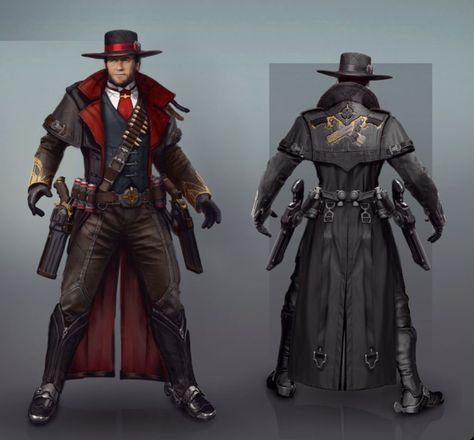 D&d Gunslinger Art, Gothic Gunslinger, Fantasy Cowboy Outfit, Gunslinger Oc, Fantasy Gunslinger, Cowboy Drawing Reference, Scifi Cowboy, Cowboy Character Design Male, Wild West Gunslinger