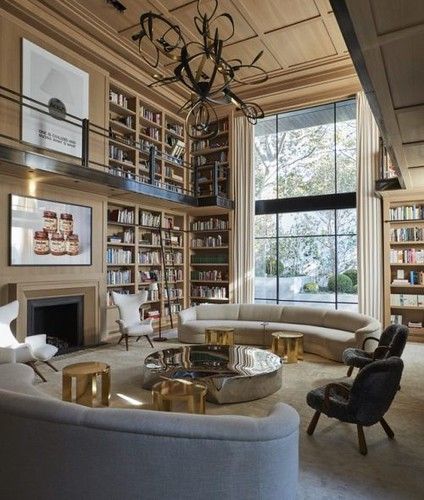 Timothy Sumer - Photography Double-height residential library with a paneled ceiling and... Desain Furnitur Modern, Home Library Design, Home Libraries, House Room, Home Library, Dream Rooms, A Living Room, Design Case, House Inspo